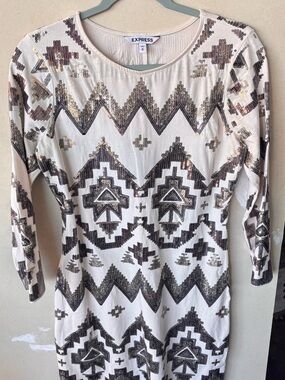 Express Cream Sequin Aztec Tunic Top
